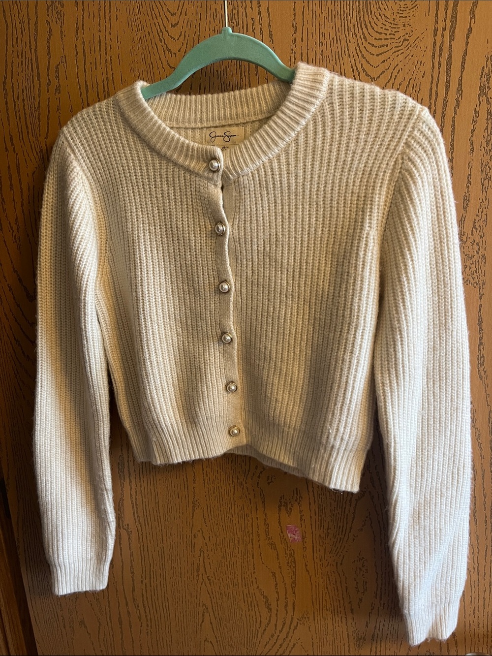 Jessica Simpson Cream Ribbed Cropped Button Cardigan